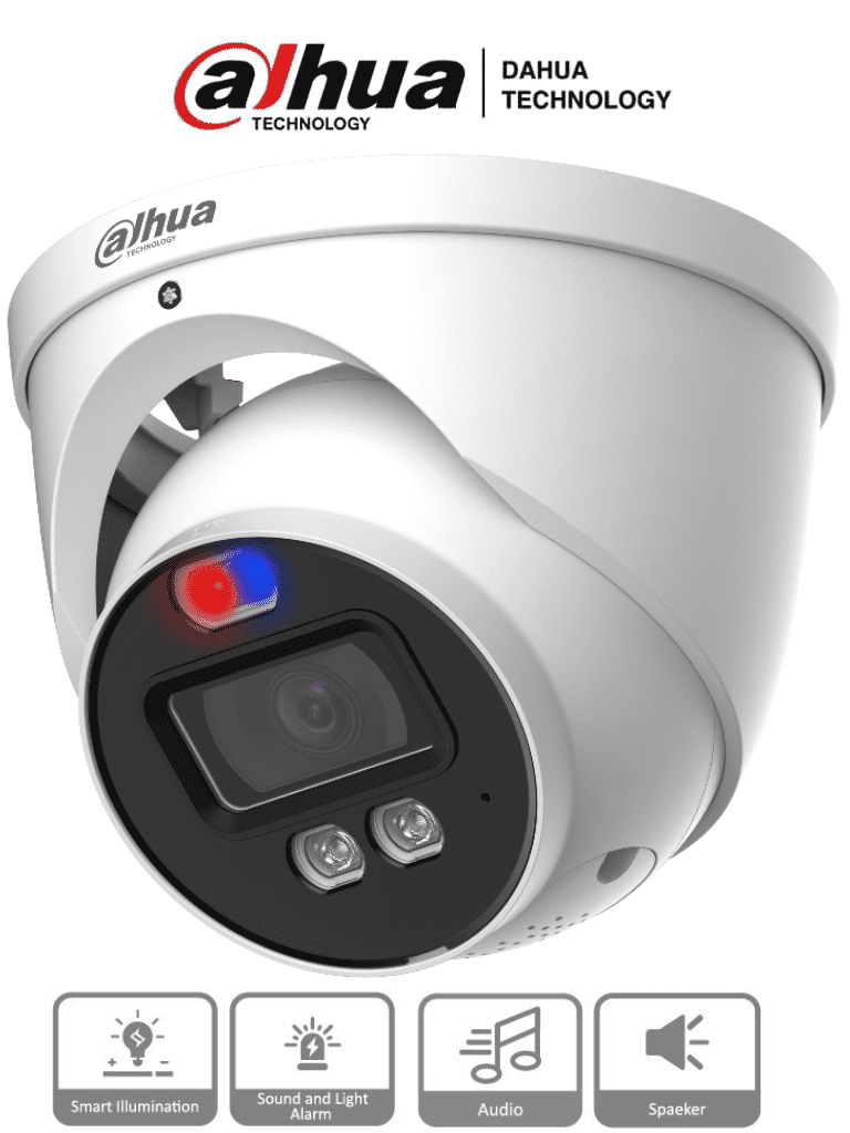 Dahua HAC-ME1239HN-A-PV - Cámara Domo TiOC de 2 Megapixeles/ Disuasion Activa Luz Roja y Azul/ Lente de 3.6 mm/ Super Adapt/ Microfono y Altavoz Integrados/ 40 Metros de Iluminación
