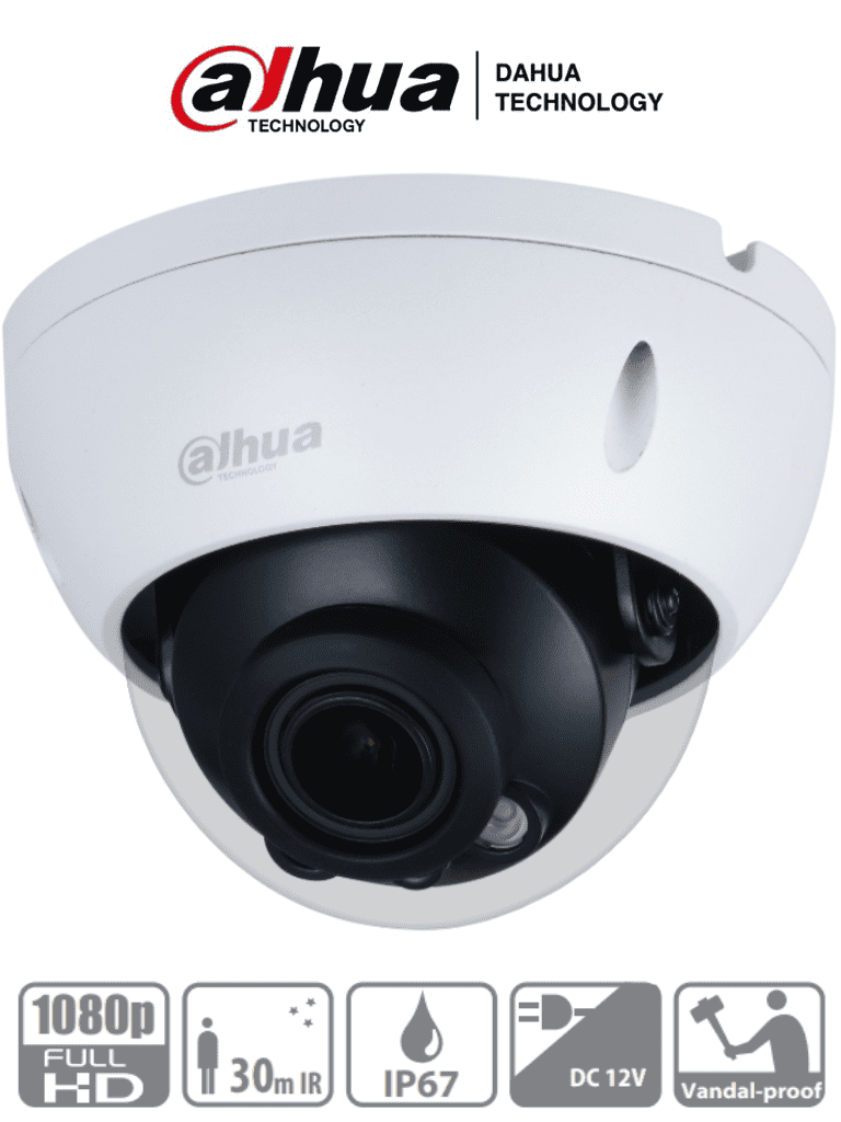 DAHUA HAC-HDBW1200R-Z- Cámara Domo Antivandálica de 2 Megapíxeles/ Lente Motorizado de 2.7 a 12mm/ IR de 30 Metros/ Metalica/ IP67/ IK10/ Soporta CVI/CVBS/AHD/TVI/ BLC/HLC/DWDR
