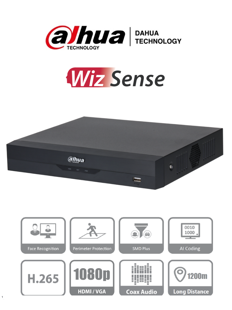 DAHUA XVR5104HS-I2 (I3) - DVR de 4 Canales 5 Megapixeles Lite/ WizSense/ 1 Ch de Reconocimiento Facial/ 1 Ch Protección Perimetral/ SDM Plus/ Funciones IoT & POS/ H.265+/ 1 SATA/ HDCVI/AHD/TVI/CVBS