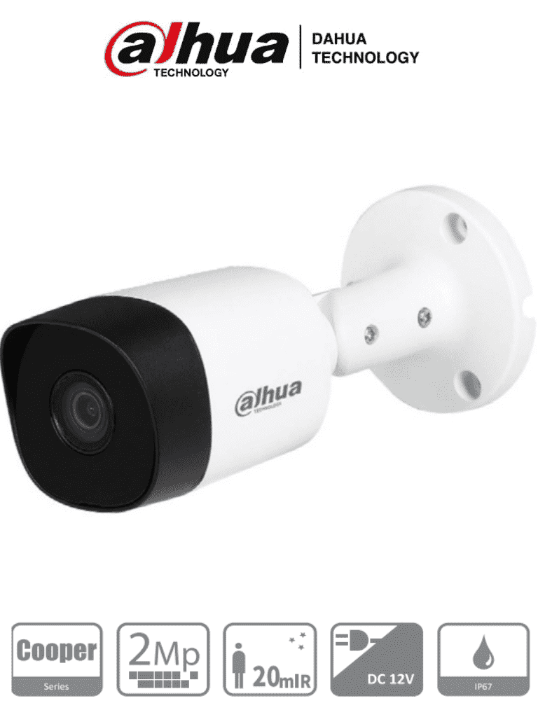 DAHUA HAC-B2A21-28 - Cámara Bullet de 2 Megapixeles. Resolución 1080p. Lente de 2.8 mm con ángulo de 100 grados. Alcance IR de 20m. Estructura metálica con protección IP67. Compatible con CVI, TVI, AHD y CVBS. Incluye menú OSD