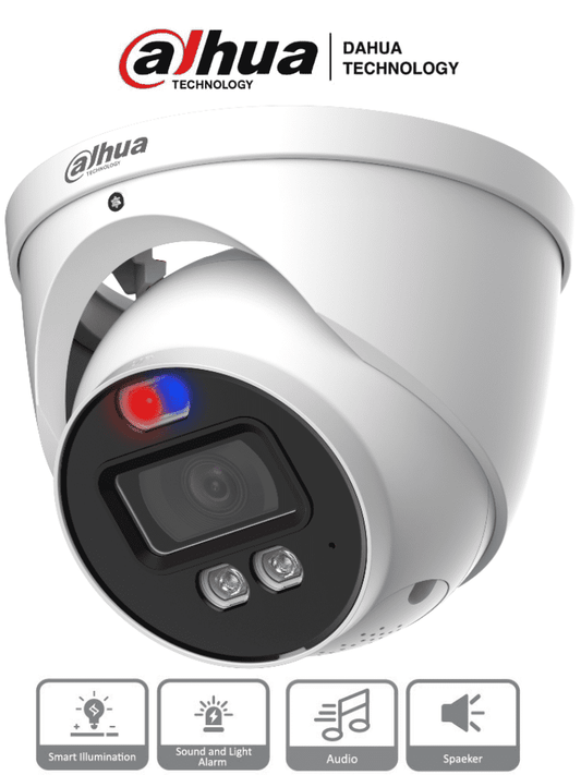 Dahua HAC-ME1239HN-A-PV - Cámara Domo TiOC de 2 Megapixeles/ Disuasion Activa Luz Roja y Azul/ Lente de 3.6 mm/ Super Adapt/ Microfono y Altavoz Integrados/ 40 Metros de Iluminación