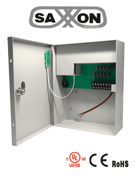 SAXXON PSU1210D9B - Fuente de Poder de 12 vcd/ 10 Amperes/ Para 9 Camaras/ Compatible con Bateria de Respaldo/ 1.1 Amper por Canal/ Protección contra Sobrecargas