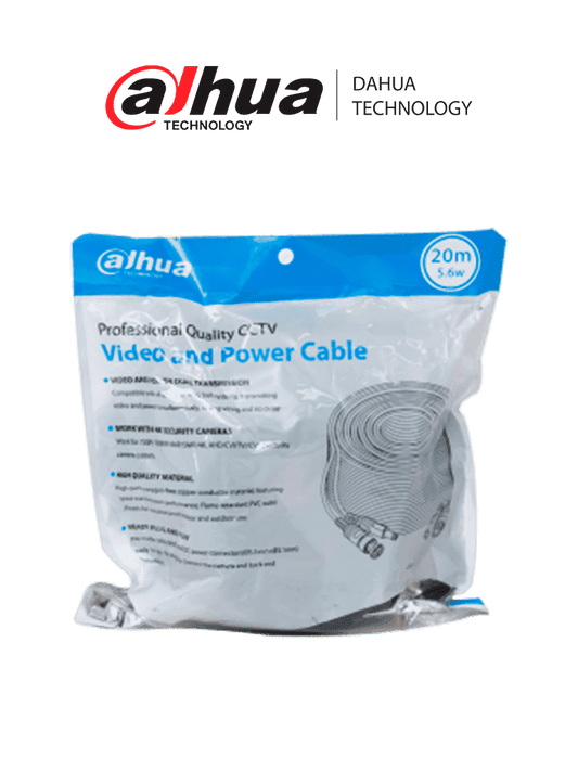 DAHUA DH-PFM942I-20-5-Cable armado de 20 metros para video y energía, compatible con cámaras hasta 4K. Incluye conectores BNC y de energía, ideal para uso interior y exterior. Fabricado con cobre de alta pureza, soporta AHD, CVI, TVI, y CVBS.