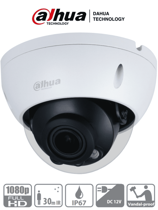 DAHUA HAC-HDBW1200R-Z- Cámara Domo Antivandálica de 2 Megapíxeles/ Lente Motorizado de 2.7 a 12mm/ IR de 30 Metros/ Metalica/ IP67/ IK10/ Soporta CVI/CVBS/AHD/TVI/ BLC/HLC/DWDR