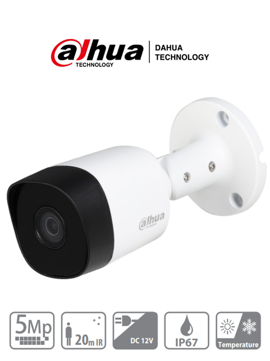 DAHUA HAC-B2A51N-0280B-S2 - Cámara bullet de 5 MP con lente de 2.8 mm y ángulo de visión de 106°. Incorpora IR de 20 m para visión nocturna, resistente IP67, y materiales metálicos. Compatible con CVI, CVBS