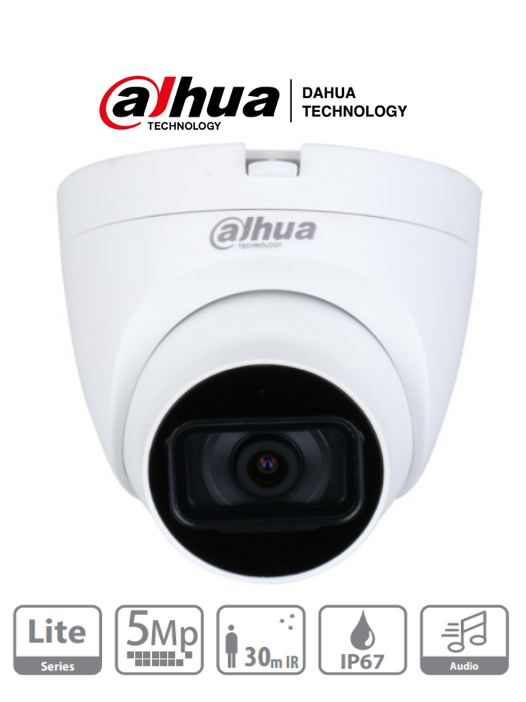 DAHUA HAC-HDW1500TLQN-A - Cámara Domo de 5 MP con micrófono integrado y lente de 2.8 mm. Ofrece iluminación IR hasta 30 metros, tecnología Starlight y es resistente al agua con clasificación IP67. Compatible con CVI, CVBS, AHD y TVI