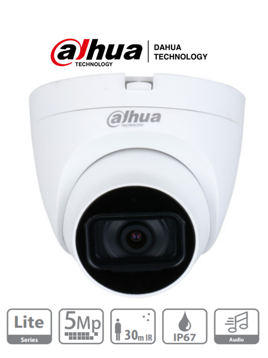 DAHUA HAC-HDW1500TLQN-A - Cámara Domo de 5 MP con micrófono integrado y lente de 2.8 mm. Ofrece iluminación IR hasta 30 metros, tecnología Starlight y es resistente al agua con clasificación IP67. Compatible con CVI, CVBS, AHD y TVI