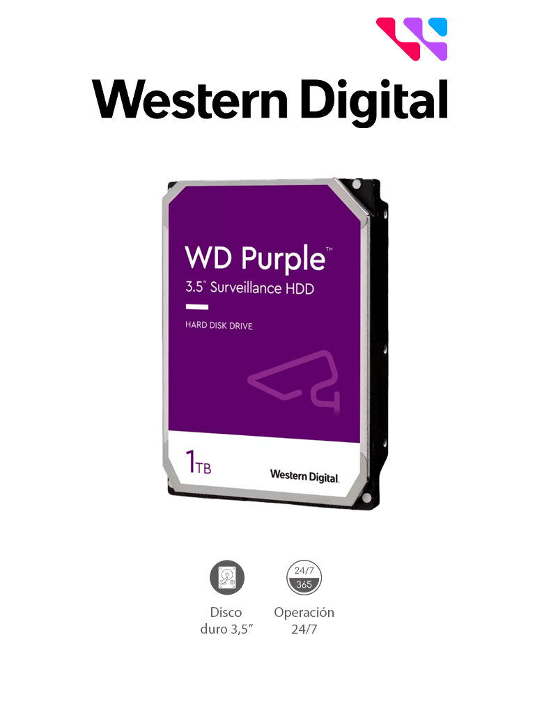 WESTERN WD10PURZ - Disco Duro de 1TB / serie PURPLE / SATA 6 GBS / Recomendado para videovigilancia / tamaño de 3.5