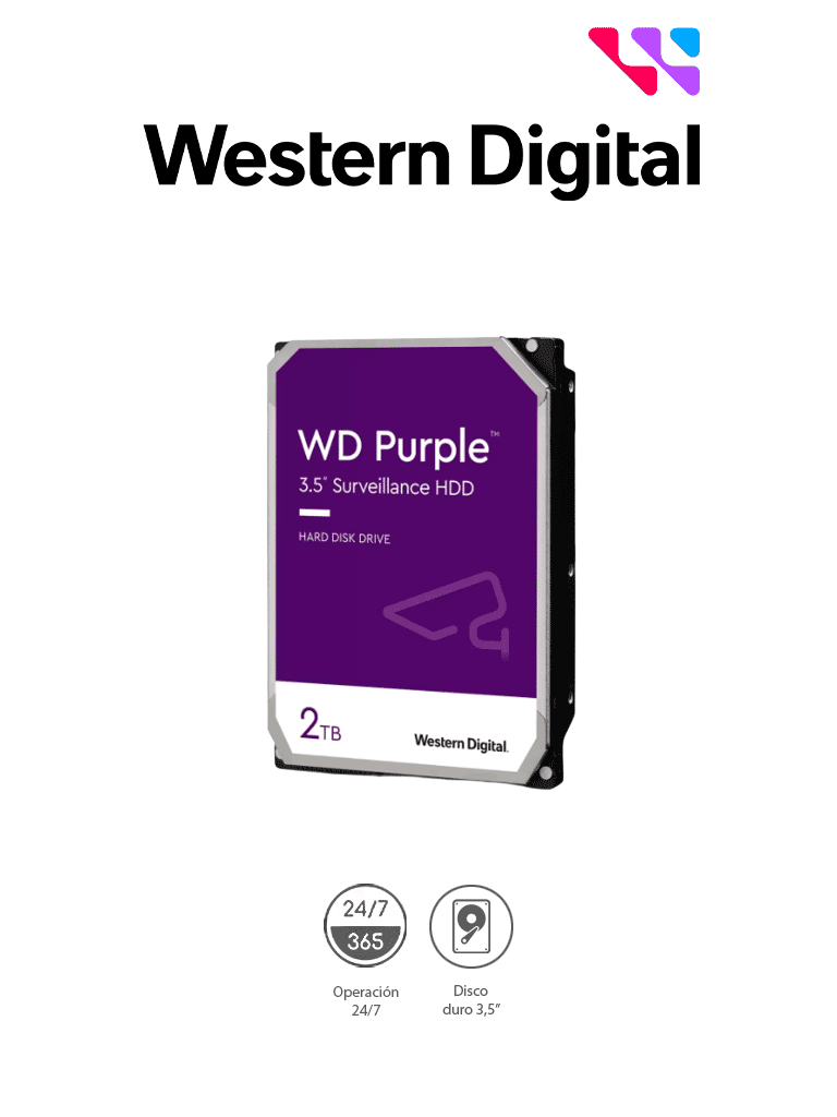 WESTERN WD20PURZ - Disco duro 2 TB / Serie PURPLE / SATA 6 GBS / Recomendado para videovigilancia / Tamano de 3.5