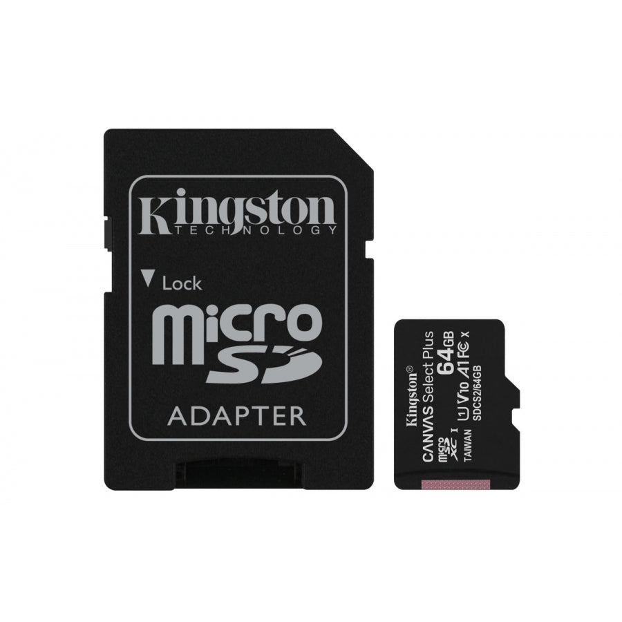 MEMORIA FLASH MICRO SD KINGSTON SDXC CANVAS SELECT PLUS 64GB 100R UHS-I U1 V10 C/ADAPTADOR SDCS2/64GB