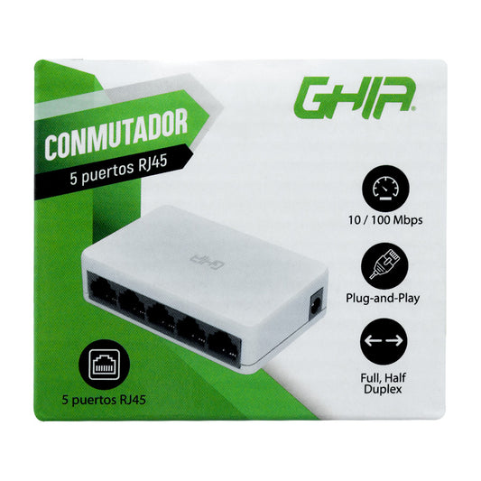 SWITCH GHIA 5 PUERTOS RJ45 10/100 MBPS NO ADMINISTRABLE AUTO MDI/MDIX HALF FULL DUPLEX